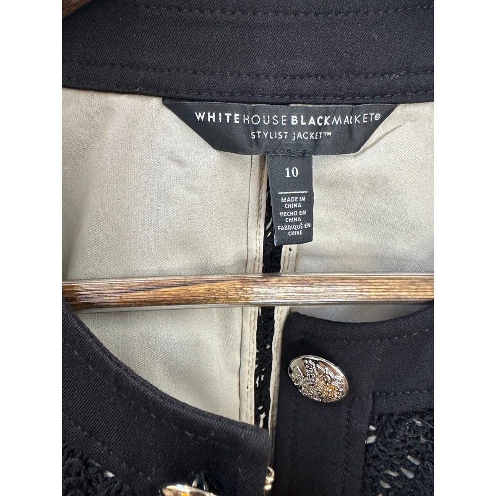 White House Black Market Stylist Jacket Black Floral Lace Crest Button Size 10 - Picture 8 of 12